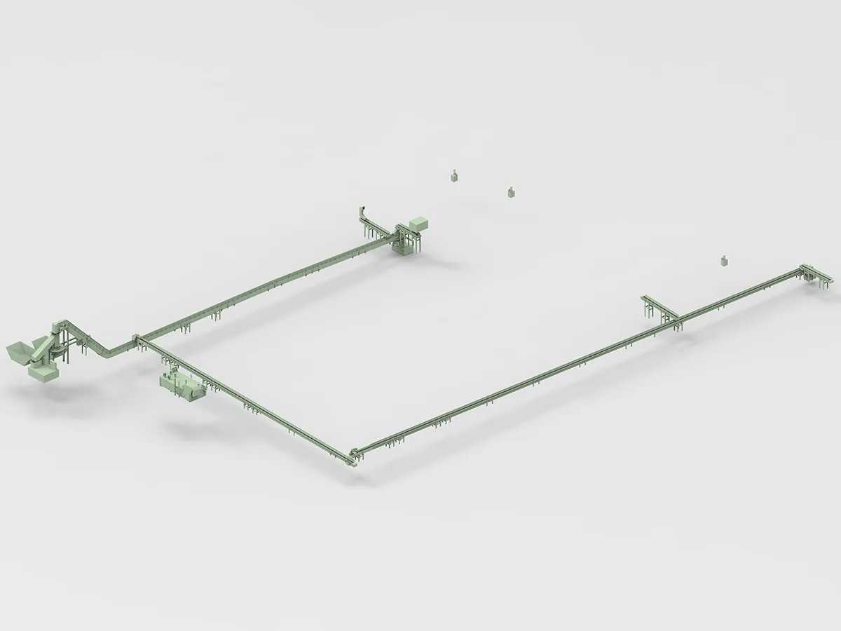 Installazione centralizzata per l’evacuazione dei trucioli di quattro centri di lavoro con sistema combinato di briquetting dei trucioli e smistamento nei contenitori.